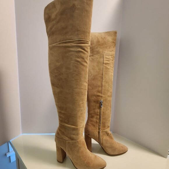 Marc Fisher Over-the-Knee Tan Suede Heeled Boots - Picture 3 of 6